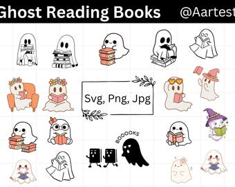 Ghost Reading Books SVG, Cute Bookish Ghost SVG, Spooky Book Lover Clipart, Halloween Reading SVG, Svg for Cricut & Silhouette