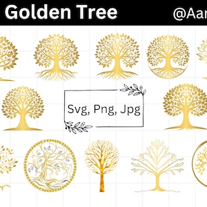 May include: A collection of golden tree illustrations in various styles. The image includes trees with detailed leaves, roots, and branches, some within circles or frames. Text includes "Golden Tree", "@Aartest", and "Svg, Png, Jpg".