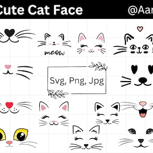 Cute Cat Face Svg Bundle, Kawaii Cat Face Designs, Cats Silhouette, Cut Kitty Faces, Kitten Faces Clipart,  kitten Svg, Pet Silhouette