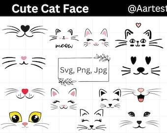 Cute Cat Face Svg Bundle, Kawaii Cat Face Designs, Cats Silhouette, Cut Kitty Faces, Kitten Faces Clipart,  kitten Svg, Pet Silhouette