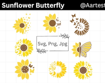 Sonnenblume Schmetterling SVG, Schmetterling Sonnenblume, Sonnenblume, kommerzielle Nutzung, Blumen-Svg-Bundle, Sonnenblume Silhouette