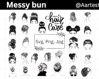 Messy Bun Svg Bundle, Messy Bun Silhouette, Messy Bun Clipart, Afro Women Svg, Messy Bun Clip Art, Sublimation Designs, Digital Download