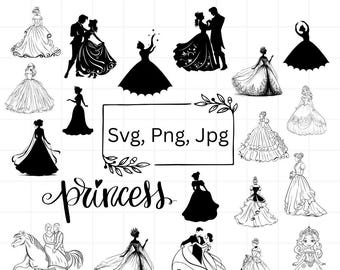 Silueta de princesa, archivos de corte de princesa, clipart de princesa, paquete de Svg de princesa, vector de princesa, silueta, Cricut, vector
