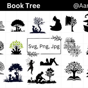 May include: Black and white illustrations of trees, books, and people reading. The text "Book Tree" is at the top, with "Svg, Png, Jpg" in the center. The image features various designs for digital art.