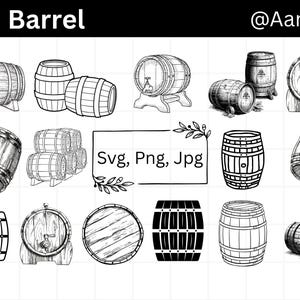 Op de afbeelding: Zwart-wit illustraties van vaten. De afbeelding toont verschillende vatontwerpen, sommige met kranen, en het woord "Barrel" bovenaan. De afbeelding bevat ook de tekst "Svg, Png, Jpg".