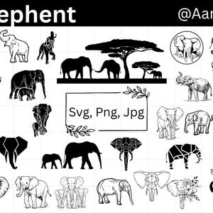 May include: A collection of black and white elephant illustrations in various poses. The illustrations include elephants with trunks raised, elephants with trunks lowered, elephants with their mouths open, and elephants with their mouths closed. The illustrations are all in a simple, stylized design. The text "Elephant" and "@Aartest" are also included in the image. The text "Svg, Png, Jpg" is also included in the image.
