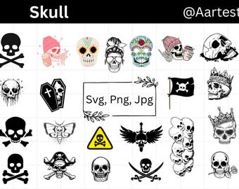Dödskalle SVG-paket, skelett-svg-filer, kuslig svg, dödskalle-clipart, svg Helloween-filer, dödskalle-silhuett, svg-klippfiler för Cricut