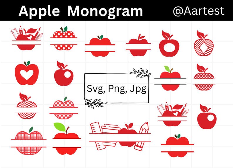 Apple Monogram SVG Bundle, Teacher Apple Svg, Split Apple Svg File ...