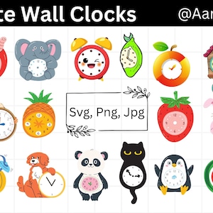 Op de afbeelding: Een verzameling grillige wandklokken in verschillende vormen, waaronder een appel, een olifant en een ananas. De klokken hebben heldere kleuren en speelse ontwerpen, met de tekst "Cute Wall Clocks" bovenaan.