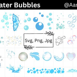 Puede incluir: Una colección de gráficos de burbujas de agua en varios tamaños y estilos, en tonos de azul y blanco. La imagen incluye el texto "Water Bubbles" y "Svg, Png, Jpg".