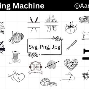 Puede incluir: Ilustraciones en blanco y negro de elementos relacionados con la costura, como máquinas de coser, agujas, carretes de hilo y una cinta métrica. El texto incluye "Sewing Machine", "Just a Girl Who Love Sewing" y "Svg, Png, Jpg."