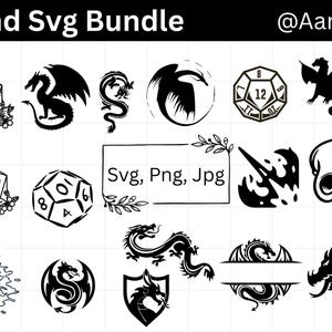 May include: A collection of black and white Dungeons and Dragons (D&D) themed SVG graphics. The bundle includes dice, dragons, a skull, and other fantasy elements. Text includes "Dnd Svg Bundle", "Svg, Png, Jpg", and the seller's handle.