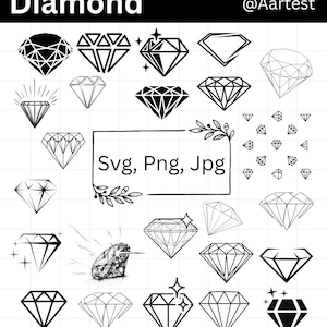 Op de afbeelding: Een set van 20 zwart-witte diamant illustraties in verschillende stijlen. De illustraties omvatten geometrische vormen, lijnkunst en een diamant met een glinstering. De tekst "Svg, Png, Jpg" is opgenomen in de afbeelding.