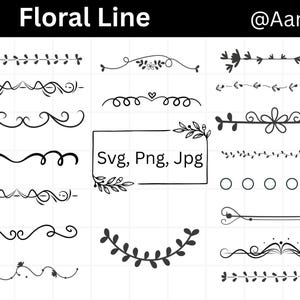 May include: Black and white floral line designs in various styles, including leaf and swirl patterns. The image includes the text "Floral Line" and "Svg, Png, Jpg". The designs are suitable for digital art and crafting projects.