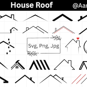 Puede incluir: Ilustraciones en blanco y negro de tejados de casas en varios diseños. La imagen incluye el texto "House Roof" y "@Aartest", junto con los tipos de archivo "Svg, Png, Jpg".