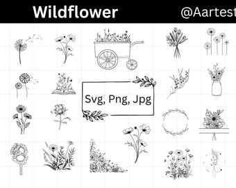 Wildflower SVG Bundle, Wild Flower Clipart, Boho Flower SVG, Hand Drawn Floral SVG, Botanical Clipart, Flower Cut Files, Intent Download