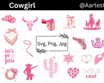 Cowgirl Sillhouette, Cowgirl SVG Bundle, Cowgirl Boots Svg, Cowgirl Hat Svg, Western Svg, Horshshoe Svg, Let's Go Girls Svg, Cow Skull Svg