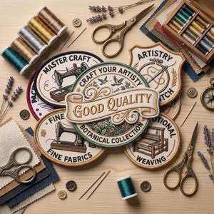 May include: A collection of embroidered circular and shield-shaped patches featuring sewing themes, including sewing machines, looms, and botanical motifs. The patches display text such as Master Craft, Artistry, Fine Fabrics, Weaving, and Good Quality.
