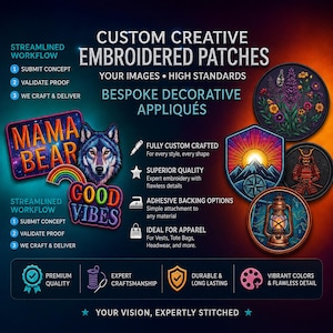 May include: Custom embroidered patches featuring various designs including a wolf, flowers, a mountain landscape, a samurai, and a lantern. Text includes CUSTOM CREATIVE EMBROIDERED PATCHES, MAMA BEAR, GOOD VIBES, and details on workflow, quality, and application.