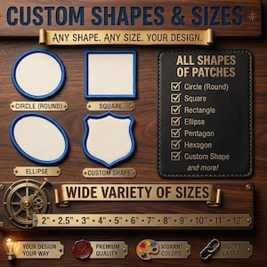 Könnte beinhalten: Eine Anzeigetafel mit individuellen Aufnähern in Kreis-, Quadrat-, Ellipsen- und Schildform mit blauen Rändern. Der Text umfasst CUSTOM SHAPES & SIZES, ANY SHAPE. ANY SIZE. YOUR DESIGN. sowie eine Größenliste von 2 bis 12 Zoll.