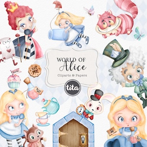 Pode incluir: Um conjunto de ilustrações digitais com personagens de Alice no País das Maravilhas. O conjunto inclui Alice, a Rainha de Copas, o Chapeleiro Maluco, o Gato de Cheshire, o Coelho Branco e um bule. As ilustrações são em estilo aquarela e são perfeitas para criar convites, cartões e outras manualidades.