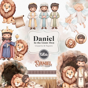 Imágenes prediseñadas de Daniel y el foso de los leones, ilustraciones religiosas en acuarela, imágenes prediseñadas para niños, imágenes prediseñadas de historias bíblicas, imágenes prediseñadas para clases de Biblia