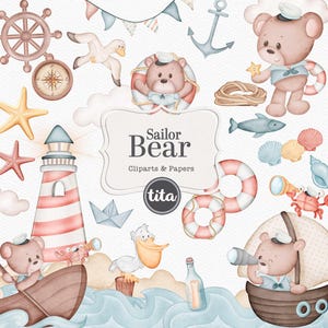 Imágenes prediseñadas de niño marinero, imágenes prediseñadas de hitos, elementos gráficos de acuarela para bebé, recién nacido, decoración de guardería, oso lindo vintage