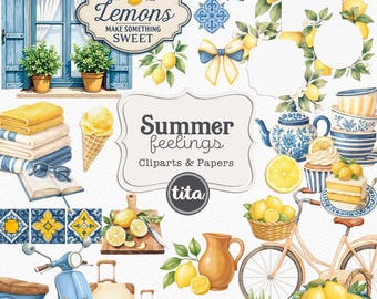 Medelhavssommarillustrationer, Amalfikusten Clipart, Citron Clipart, Medelhavskakel, digitala nedladdningar