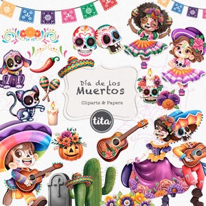 Pode incluir: Uma ilustração digital vibrante com o tema Dia dos Mortos, com caveiras de açúcar, figuras de mariachi, guitarras e elementos decorativos. O texto "Día de los Muertos" é exibido de forma proeminente. Inclui papéis estampados.