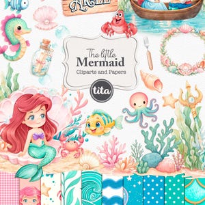 Little Mermaid Watercolor Clip Arts, Digital Set, Under The See, Candy Color, Pastel Pink Mermaid