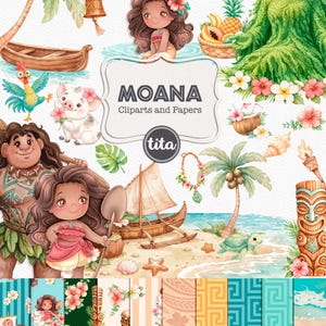 Lindas imágenes prediseñadas de Moana en acuarela, princesa polinesia, Heihei, Maui, Moana, lindos personajes PNG