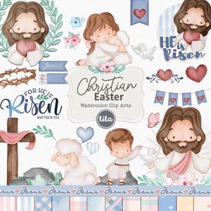 Könnte beinhalten: Aquarell-Clipart-Set für Ostern mit Jesus, einem Lamm, einer Taube, einem Kreuz, Herzen und floralen Elementen. Das Set enthält den Text "For He Is Risen" und "He Is Risen".