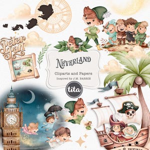 Clip art di Peter Pan, illustrazioni ad acquerello, simpatici personaggi di Peter Pan