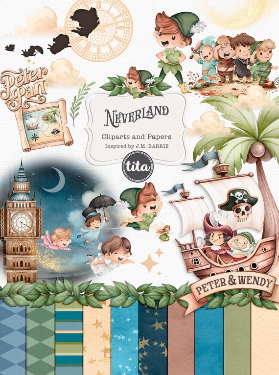 ピーターパンのクリップアート、水彩イラスト、かわいいピーターパンの