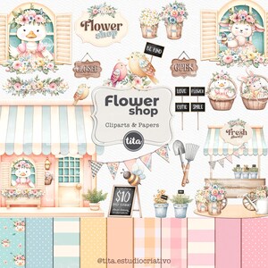 Pode incluir: Um conjunto de ilustrações de aquarela que apresenta uma loja de flores com uma fachada rosa, uma placa que diz "Flower Shop" e uma variedade de arranjos florais, pássaros e outros elementos fofos. O conjunto também inclui uma variedade de papéis estampados em cores pastel.