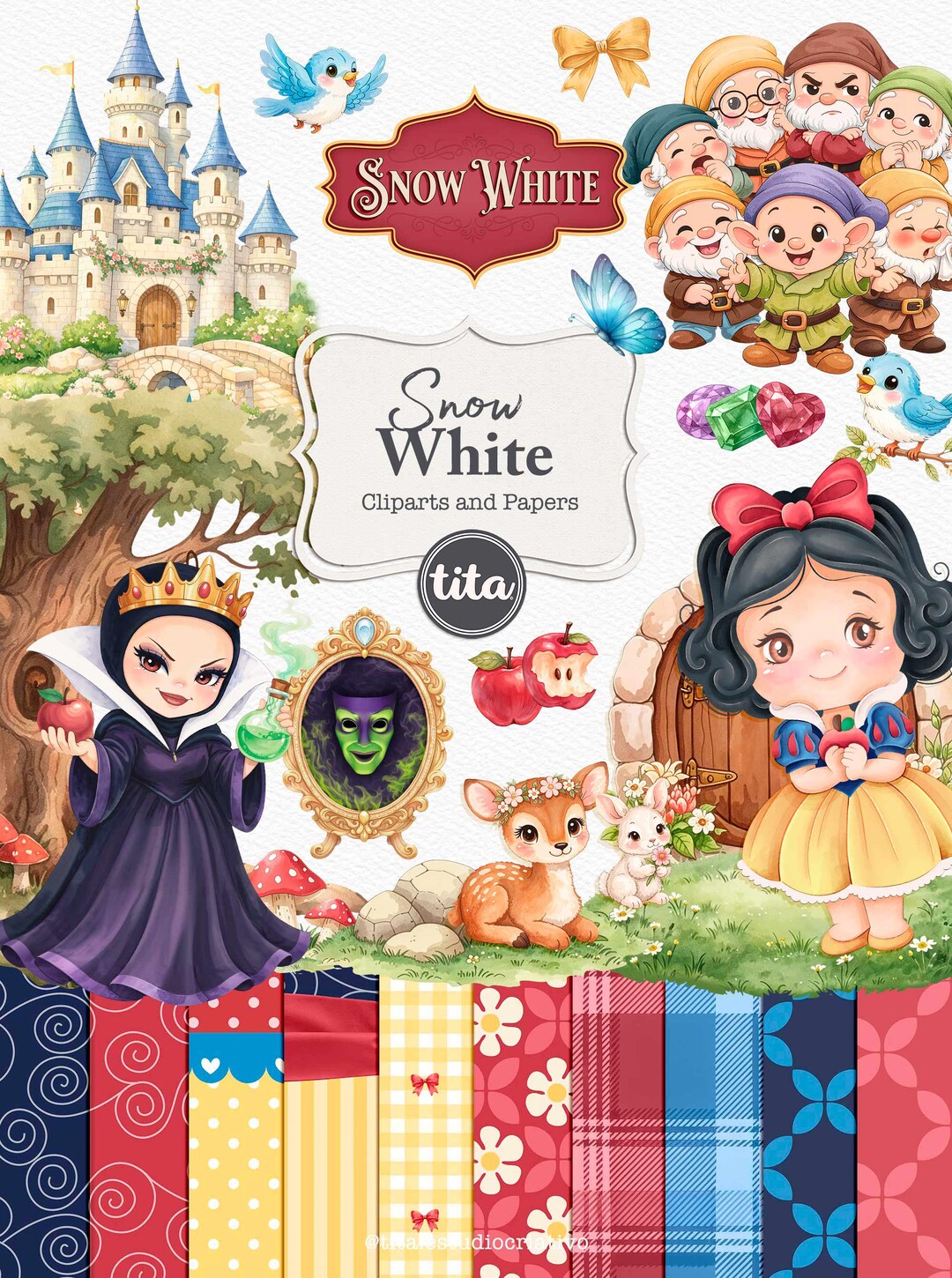 Snow White Clip Arts Bundle, Watercolor Clip Arts, Cute Princess ...