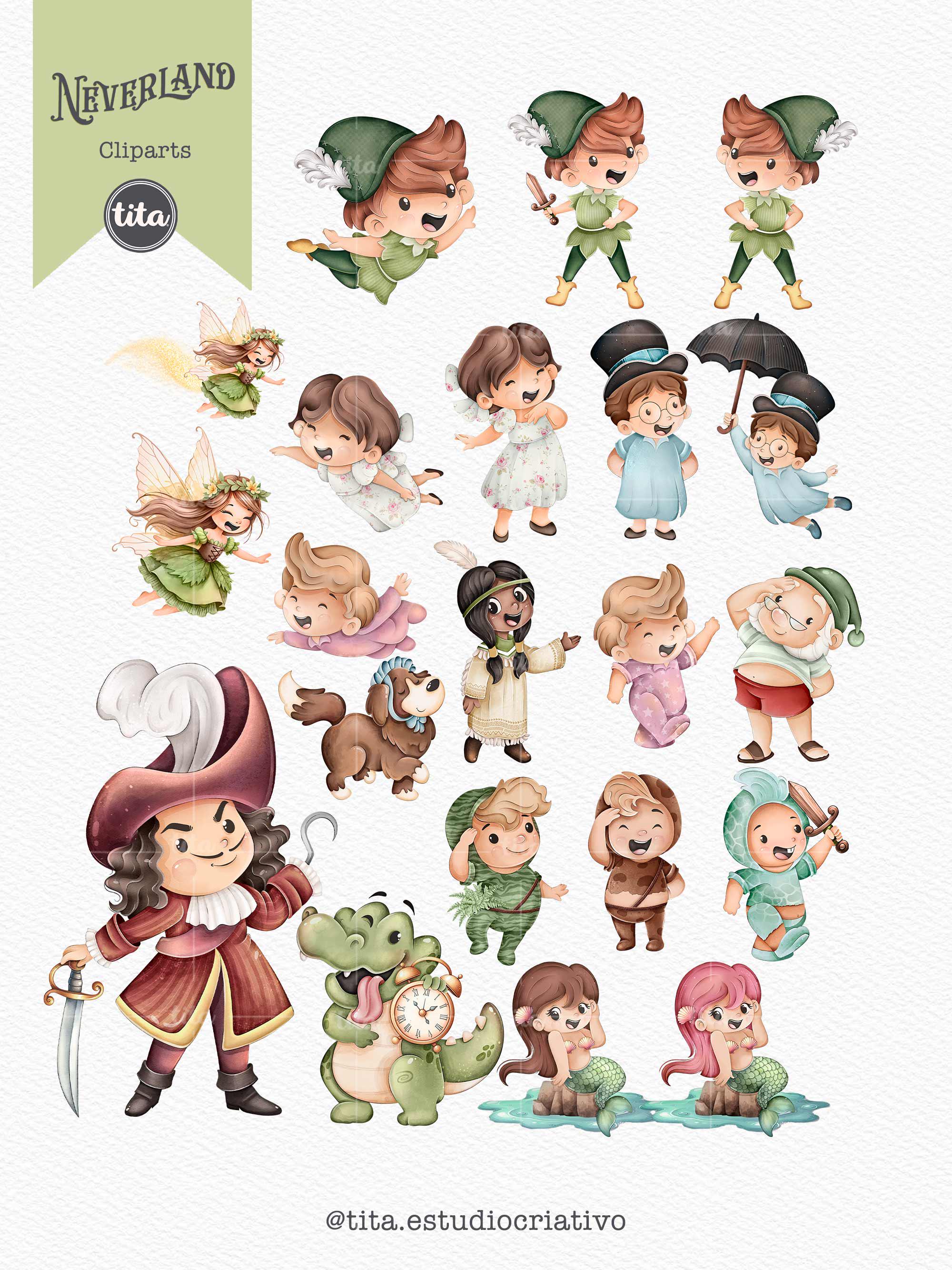 オーダーペイント　かわいい森の仲間たち&ピーターパン ピーターパンのクリップアート、水彩イラスト、かわいいピーターパンの