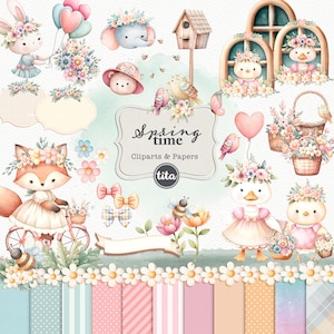 Pode incluir: Um conjunto de clipart e papéis digitais com tema primaveril, apresentando animais fofinhos, flores e outros elementos primaverais. O clipart inclui uma raposa andando de bicicleta, um pato com uma coroa de flores, um coelho segurando uma flor, um urso usando um chapéu, um elefante, um pássaro e uma abelha. Os papéis incluem uma variedade de padrões, incluindo listras, bolinhas e desenhos florais.