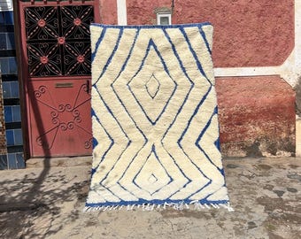 Moroccan Handmade Rug, Authentic Berber Rug, Bohemian Wool Rug, Beni ourain style rug, Moroccan area rug, Moroccan White and Blue Rug 5x8 ft