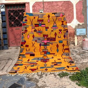 Beau tapis jaune marocain, tapis berbère authentique, tapis bohème en laine, tapis de style Beni ourain, tapis marocain, tapis marocain à poils longs, 9 x 12 pi
