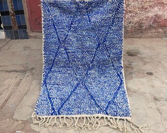 Moroccan Handmade Rug, Authentic Berber Rug, Bohemian Wool Rug, Beni ourain style rug, Moroccan area rug, Moroccan White and Blue Rug 5x8 ft