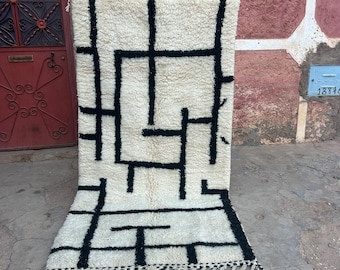 Tapis marocain Béni Ourain fait main, 5 x 8 pi, tapis berbère à poils longs en laine
