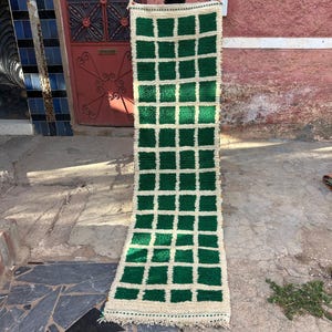 Checkered Green Runner, Handmade Moroccan Runner Rug for Hallway and Entryway, Wool Berber long Runner Rug, Boho narrow space rug, 3x10 ft