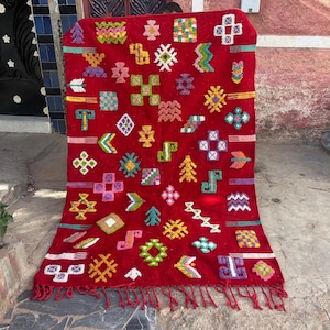 Alfombra Kilim Roja Marroquí, Alfombra Bereber Colorida, Alfombra de Lana de Tejido Plano, Alfombra Bordada, Alfombra Marroquí Auténtica, Alfombra de Tejido Plano Boho