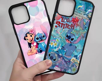 May include: Two black phone cases featuring the characters Lilo and Stitch. One case has a pink and blue polka dot background with Lilo and Stitch. The other case has a blue background with Stitch and the words "Love Stitch".