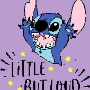 May include: A blue cartoon character with big eyes and a wide open mouth, with pink ears, is shown with its arms raised in the air. The character is on a purple background with yellow stars and the text "LITTLE BUT LOUD".