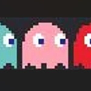 May include: A yellow Pac-Man character with a black mouth and three black dots. Four ghosts are behind Pac-Man: a light brown ghost, a light blue ghost, a pink ghost, and a red ghost. Each ghost has two black eyes.