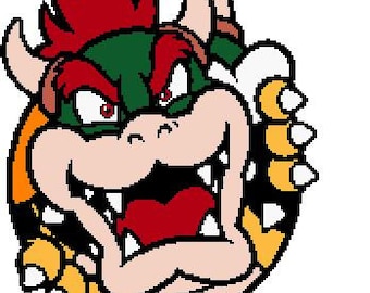 May include: A cartoon illustration of a red, green, and yellow Bowser character from the Super Mario Bros. video game series. Bowser is a large, reptilian creature with horns, spikes, and a menacing expression.