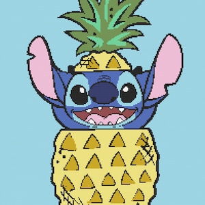 May include: A blue cartoon character with large pink ears wearing a yellow pineapple on its head. The pineapple has green leaves and a yellow body with triangular patterns.