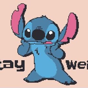 May include: Blue cartoon character with large pink ears and the text "Stay Weird" on a pink background.